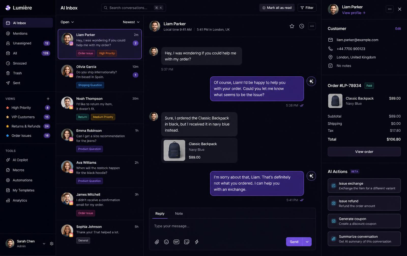GLOBAL AI CHAT unified inbox dashboard showing customer conversations, orders and AI actions